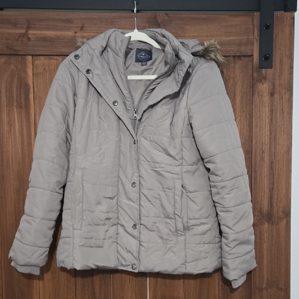 Women's Gray Puffer Jacket with Faux Fur Hood